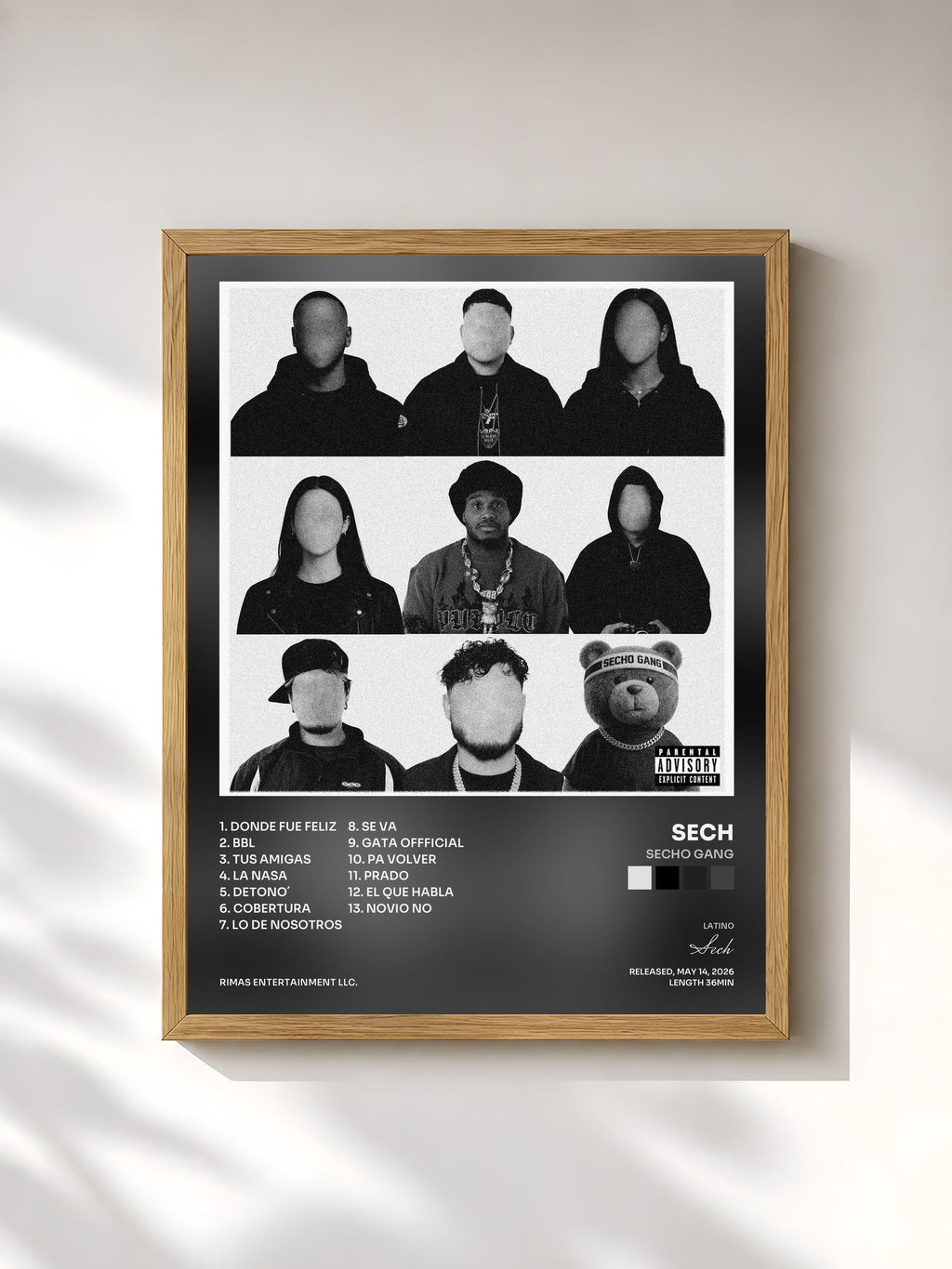#bois Tableau de l'album SECHO GANG de Sech, cadre en bois brut, imprimé et encadré en France