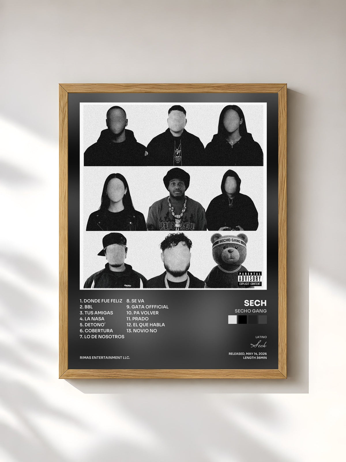 #bois Tableau de l'album SECHO GANG de Sech, cadre en bois brut, imprimé et encadré en France