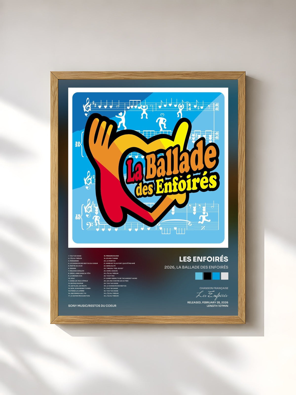 #bois Tableau de l'album 2026, La ballade des Enfoirés de Les Enfoirés, cadre en bois brut, imprimé et encadré en France