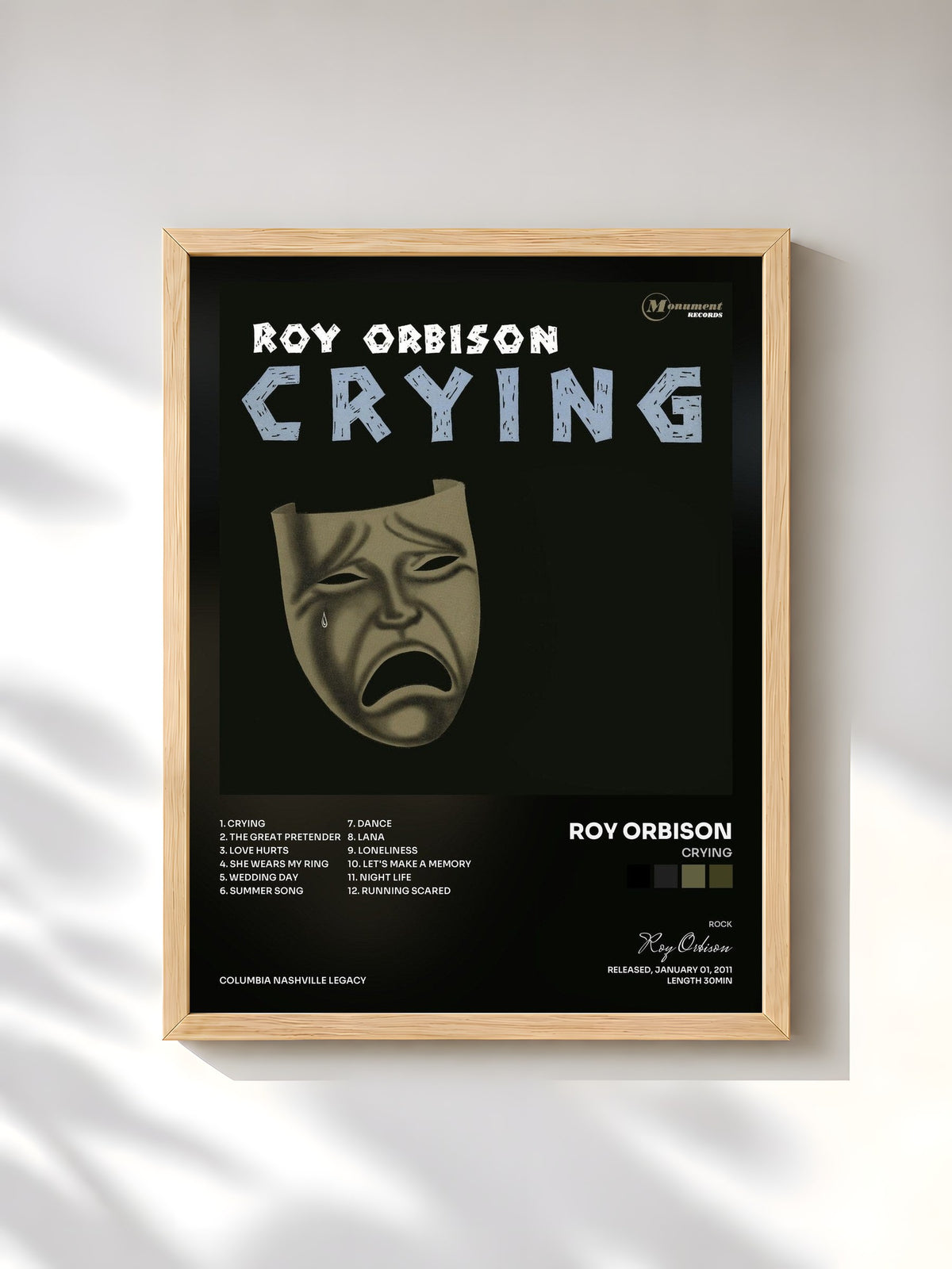 #bois Tableau de l'album Crying de Roy Orbison, cadre en bois brut, imprimé et encadré en France