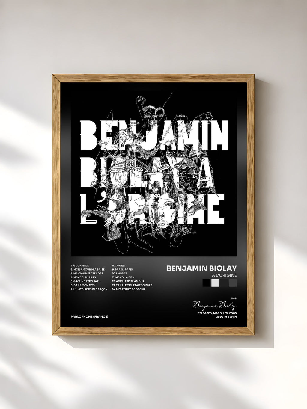 #bois Tableau de l'album A L'Origine de Benjamin Biolay, cadre en bois brut, imprimé et encadré en France