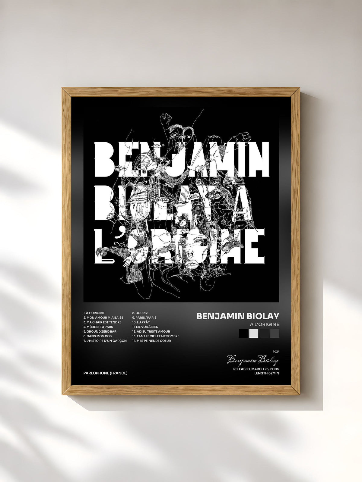 #bois Tableau de l'album A L'Origine de Benjamin Biolay, cadre en bois brut, imprimé et encadré en France