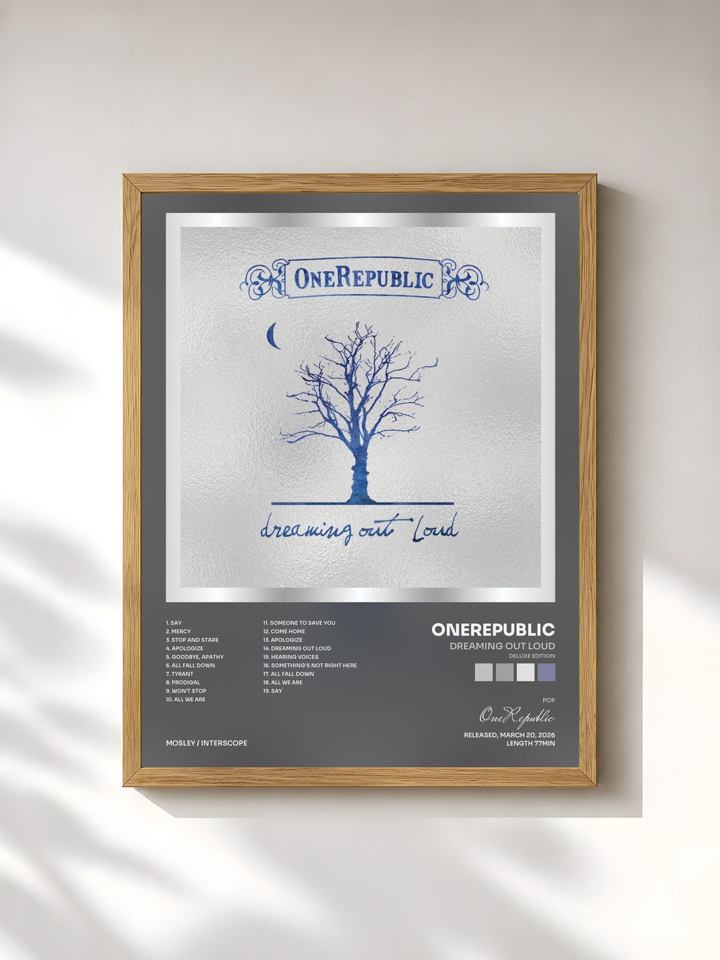 #bois Tableau de l'album Dreaming Out Loud (Deluxe Edition) de OneRepublic, cadre en bois brut, imprimé et encadré en France