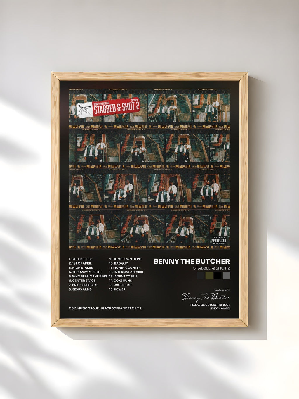 #bois Tableau de l'album STABBED & SHOT 2 de Benny The Butcher, cadre en bois brut, imprimé et encadré en France