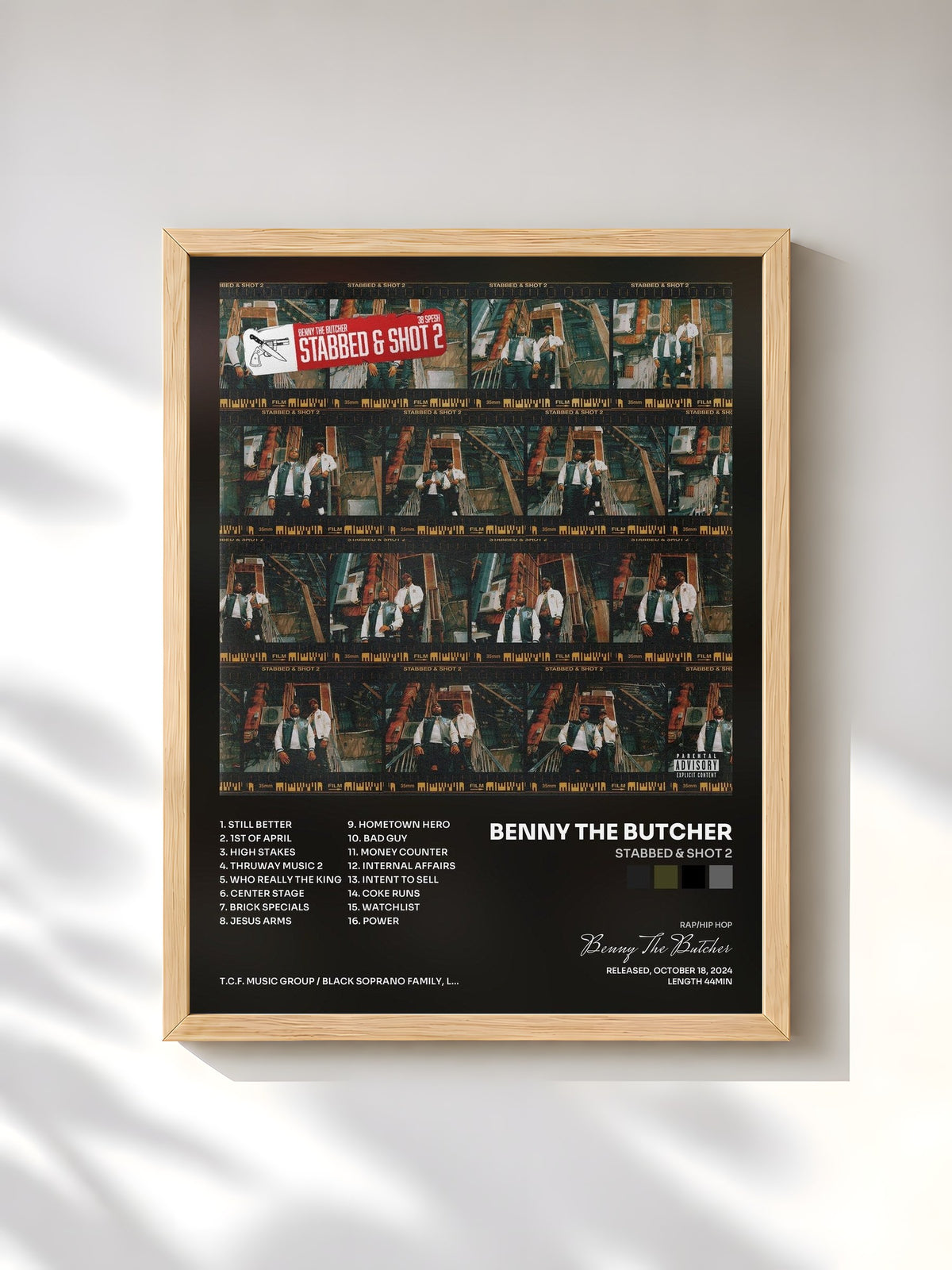 #bois Tableau de l'album STABBED & SHOT 2 de Benny The Butcher, cadre en bois brut, imprimé et encadré en France