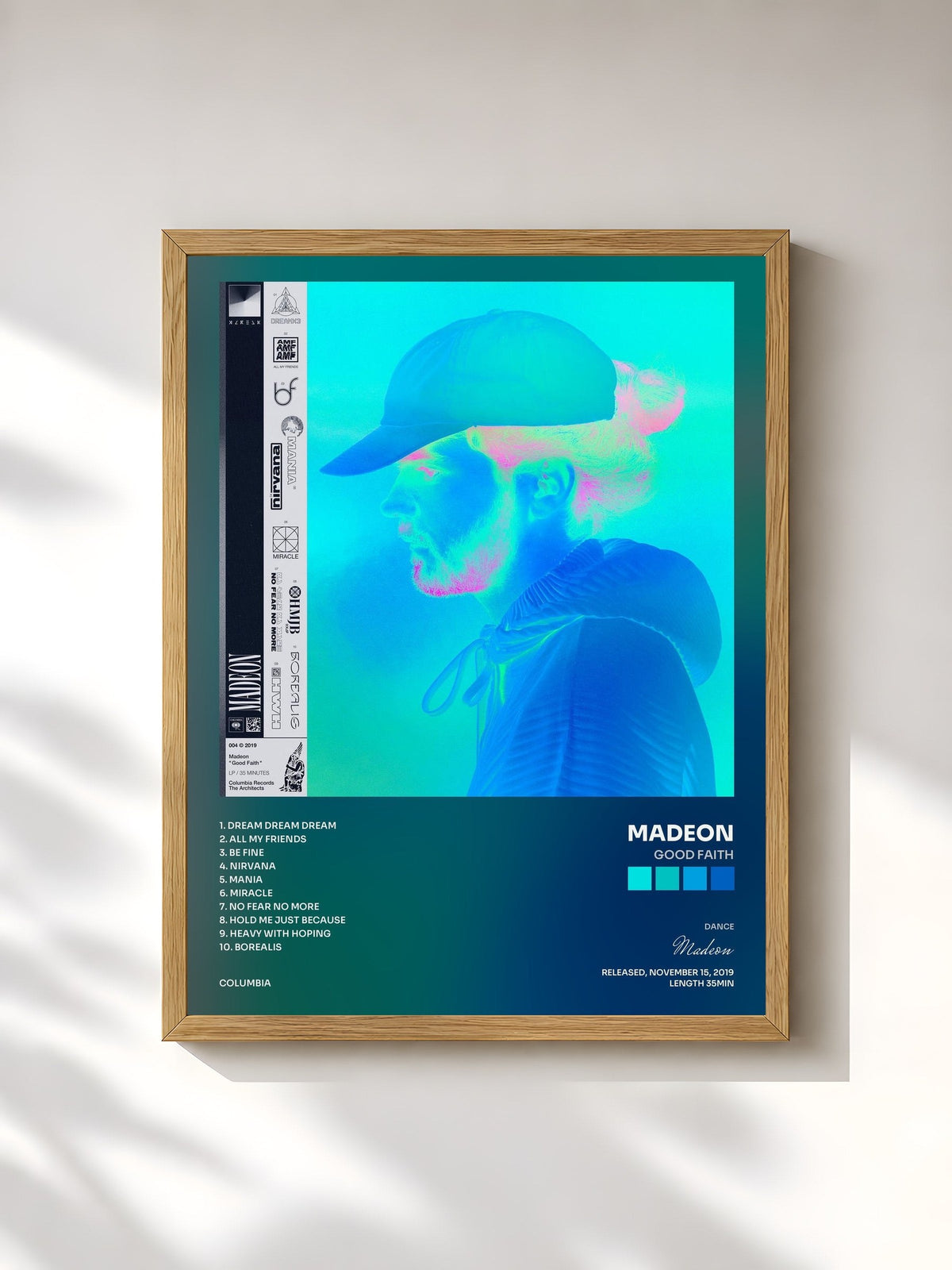 #bois Tableau de l'album Good Faith de Madeon, cadre en bois brut, imprimé et encadré en France