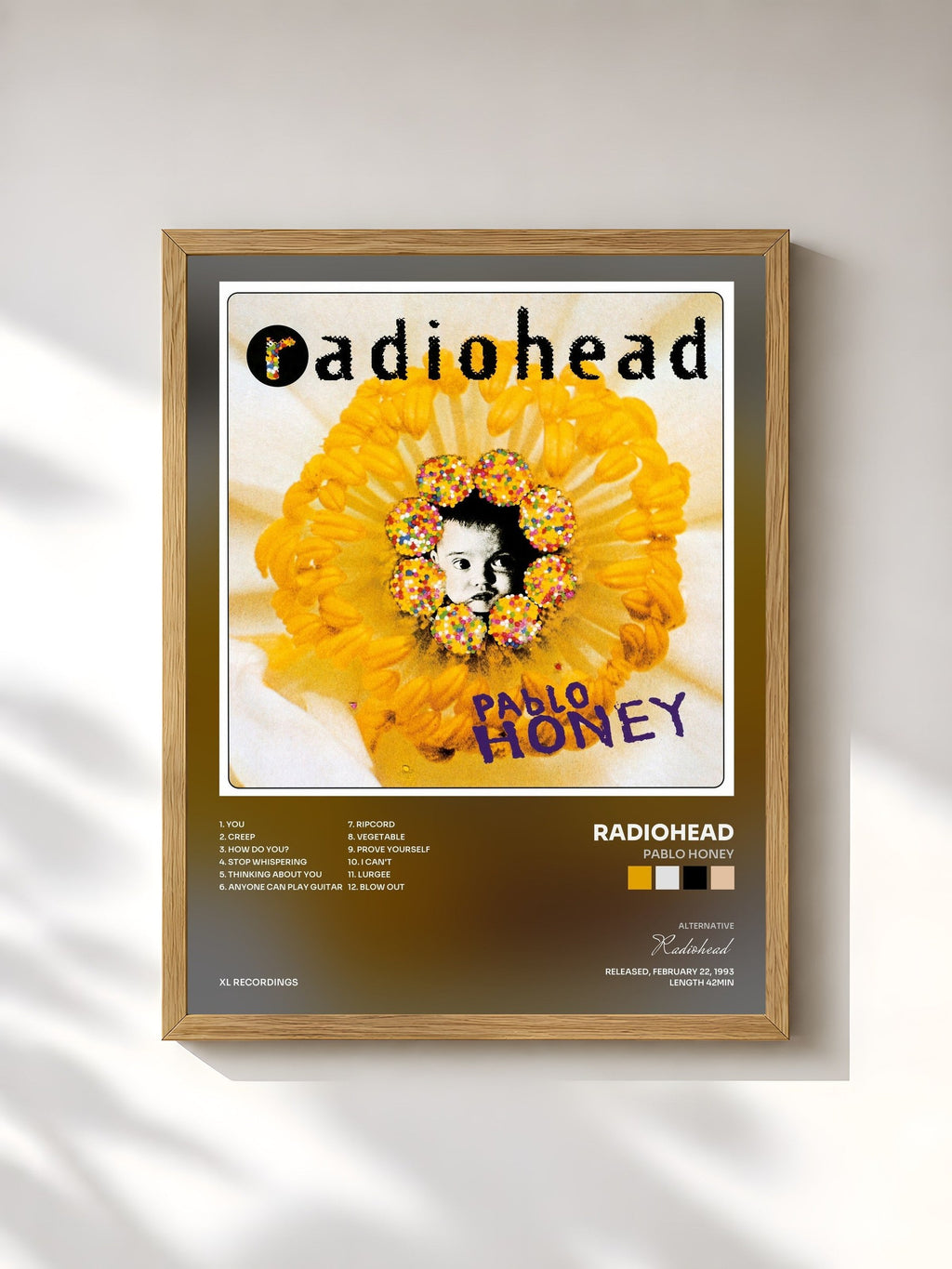 #bois Tableau de l'album Pablo Honey de Radiohead, cadre en bois brut, imprimé et encadré en France