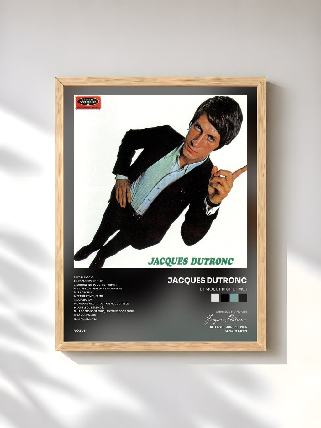 #bois Tableau de l'album Et moi, et moi, et moi de Jacques Dutronc, cadre en bois brut, imprimé et encadré en France