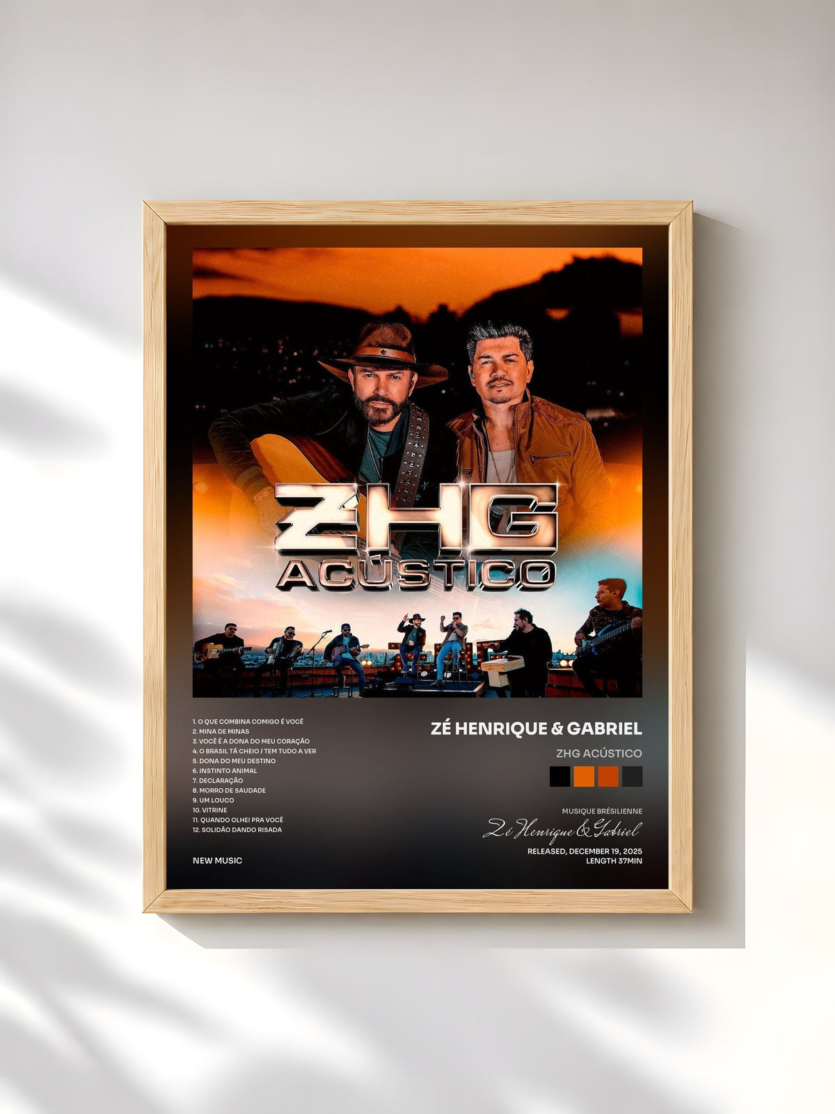 #bois Tableau de l'album ZHG Acústico de Zé Henrique & Gabriel, cadre en bois brut, imprimé et encadré en France