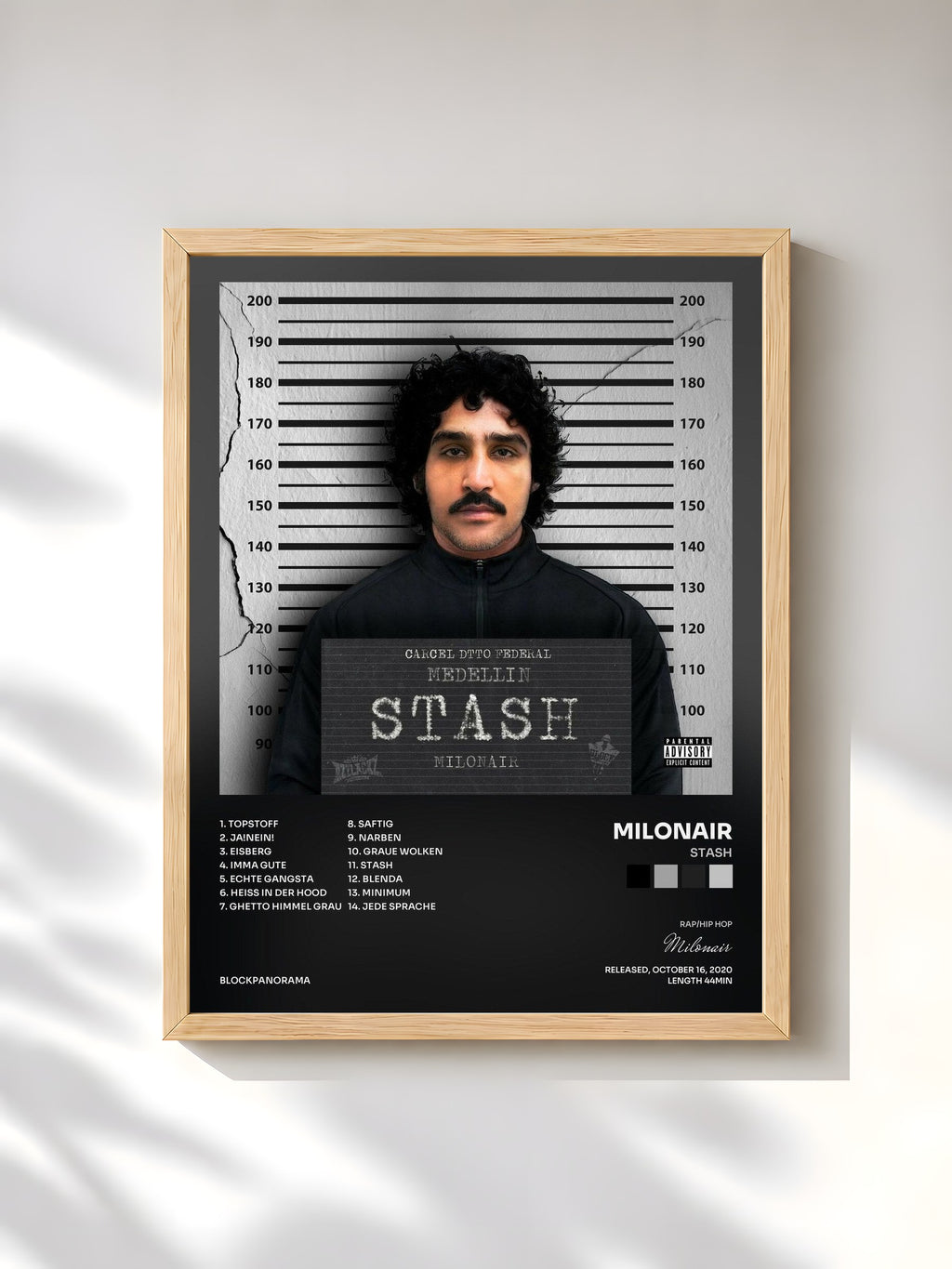 #bois Tableau de l'album STASH de Milonair, cadre en bois brut, imprimé et encadré en France