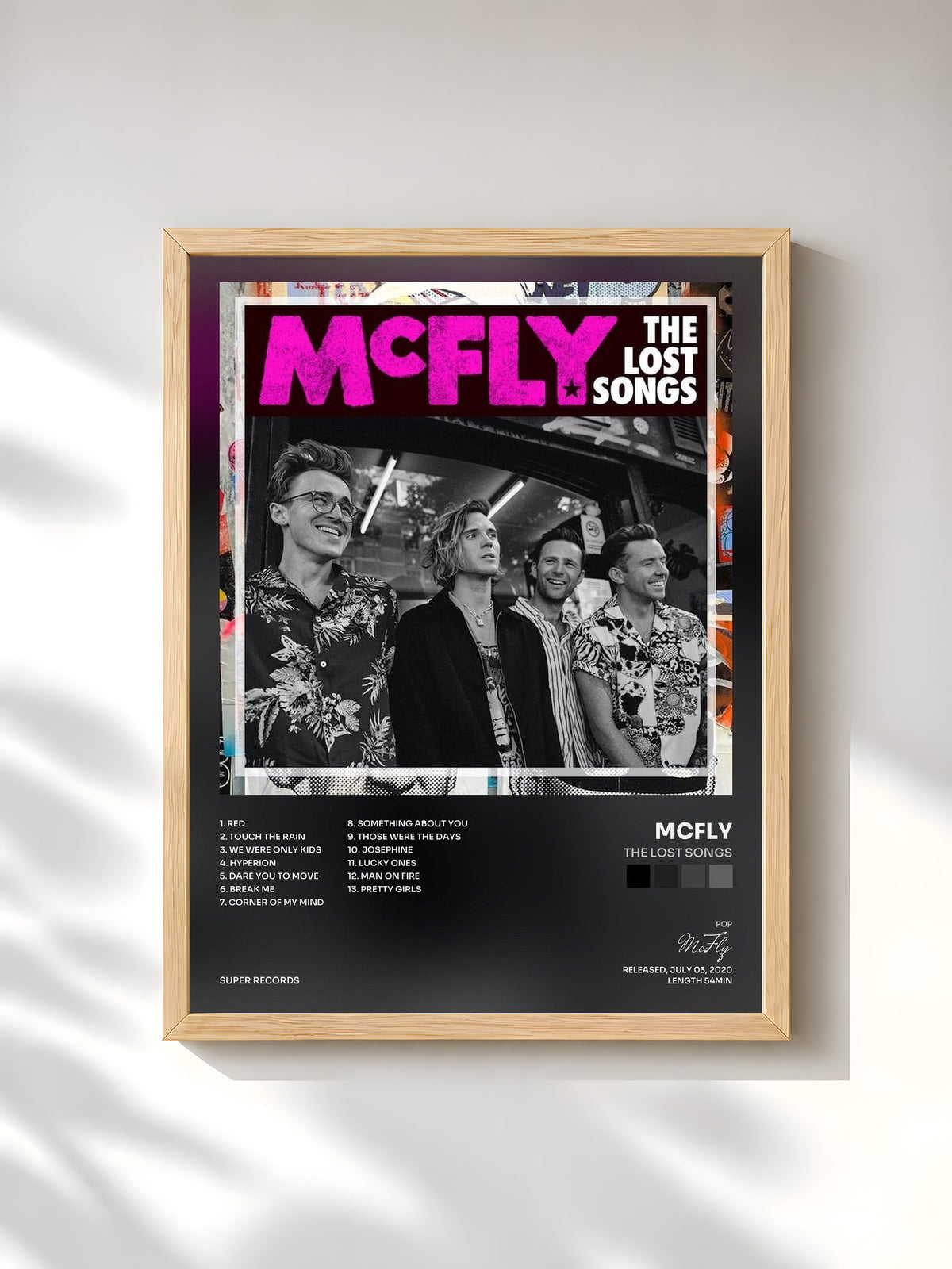 #bois Tableau de l'album The Lost Songs de McFly, cadre en bois brut, imprimé et encadré en France