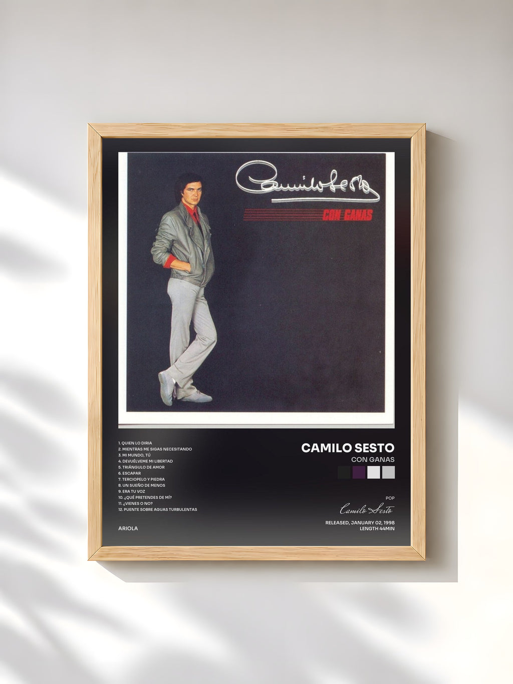#bois Tableau de l'album Con Ganas de Camilo Sesto, cadre en bois brut, imprimé et encadré en France