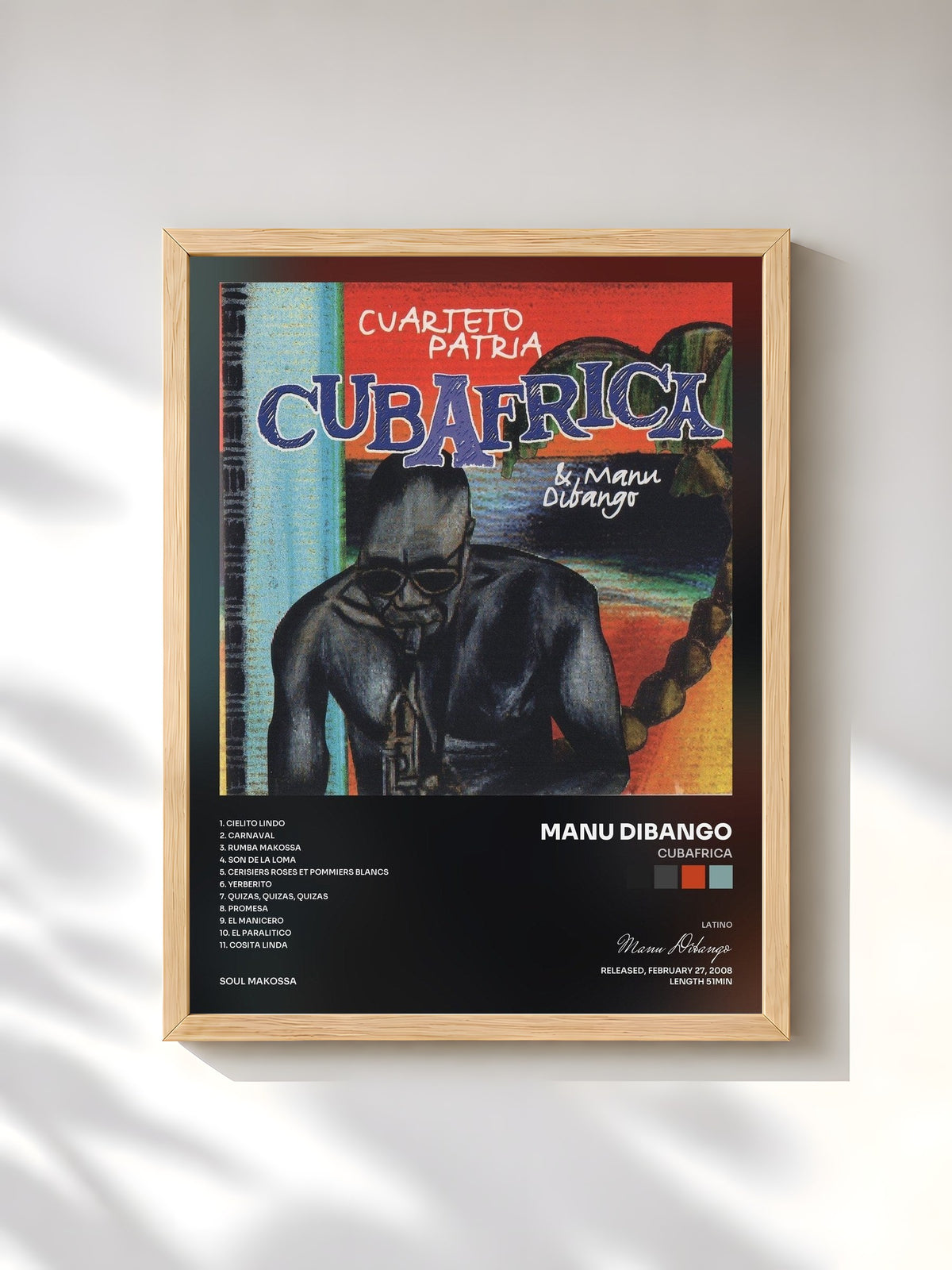 #bois Tableau de l'album Cubafrica de Manu Dibango, cadre en bois brut, imprimé et encadré en France