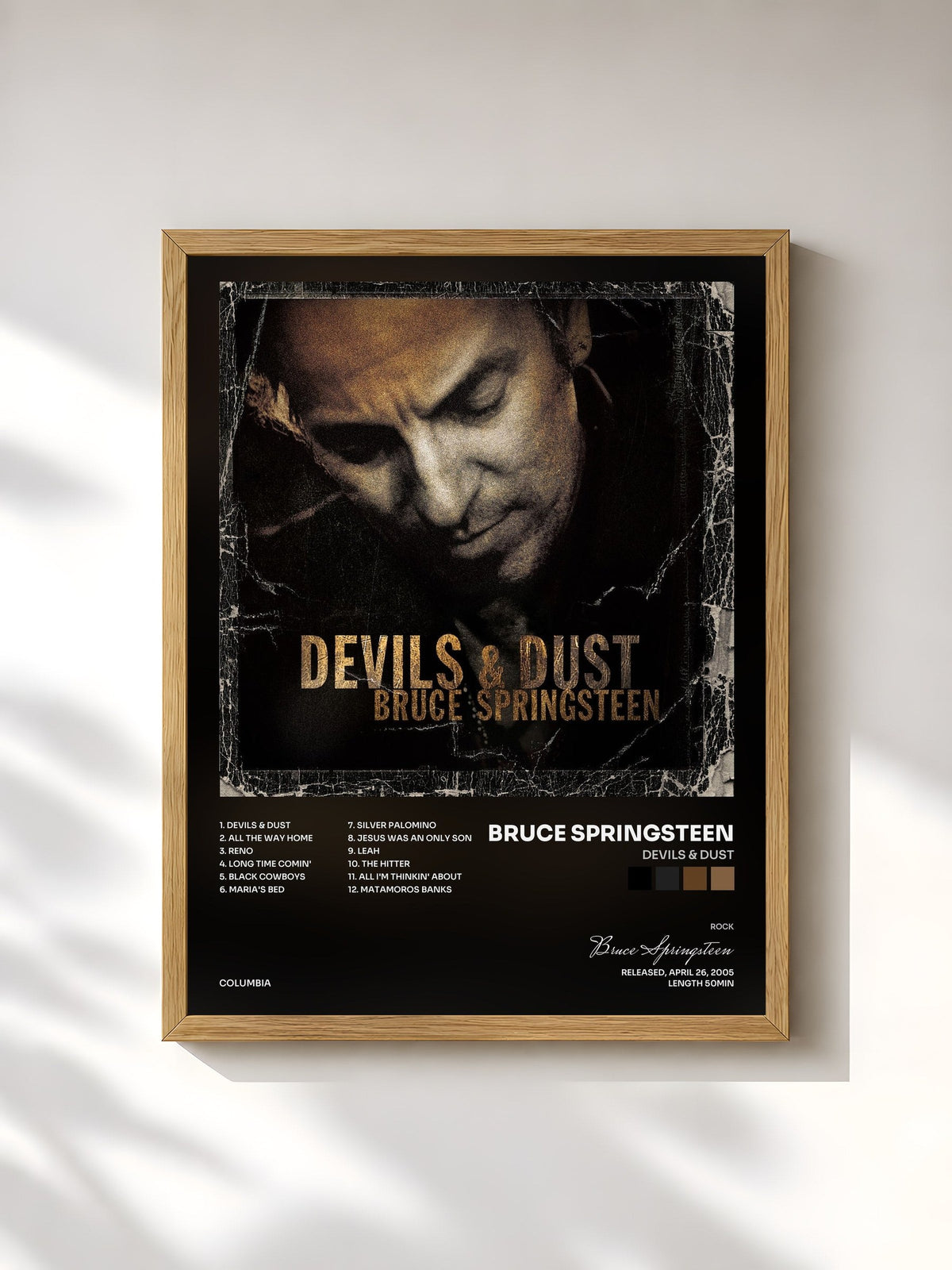 #bois Tableau de l'album Devils & Dust de Bruce Springsteen, cadre en bois brut, imprimé et encadré en France