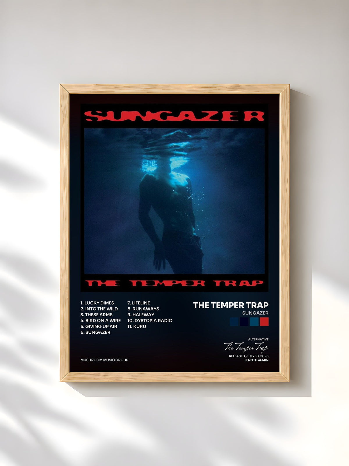 #bois Tableau de l'album Sungazer de The Temper Trap, cadre en bois brut, imprimé et encadré en France