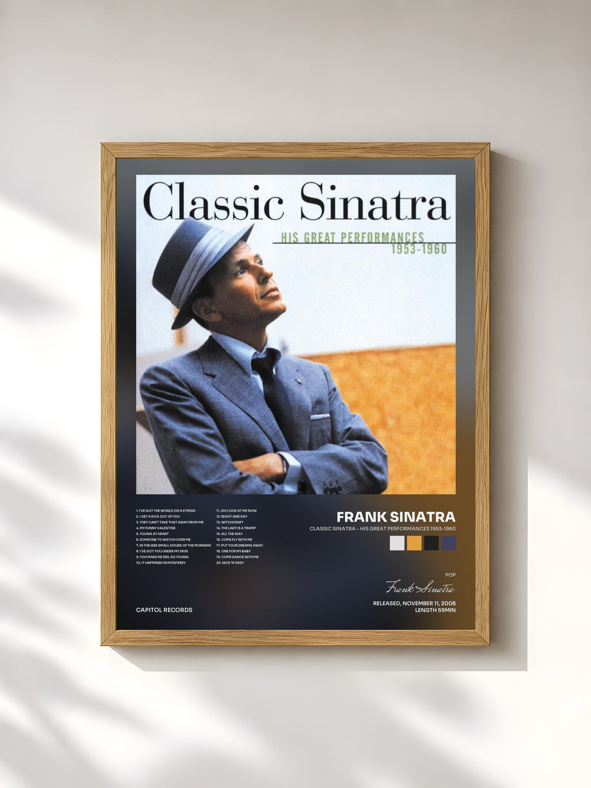 #bois Tableau de l'album Classic Sinatra - His Great Performances 1953-1960 de Frank Sinatra, cadre en bois brut, imprimé et encadré en France