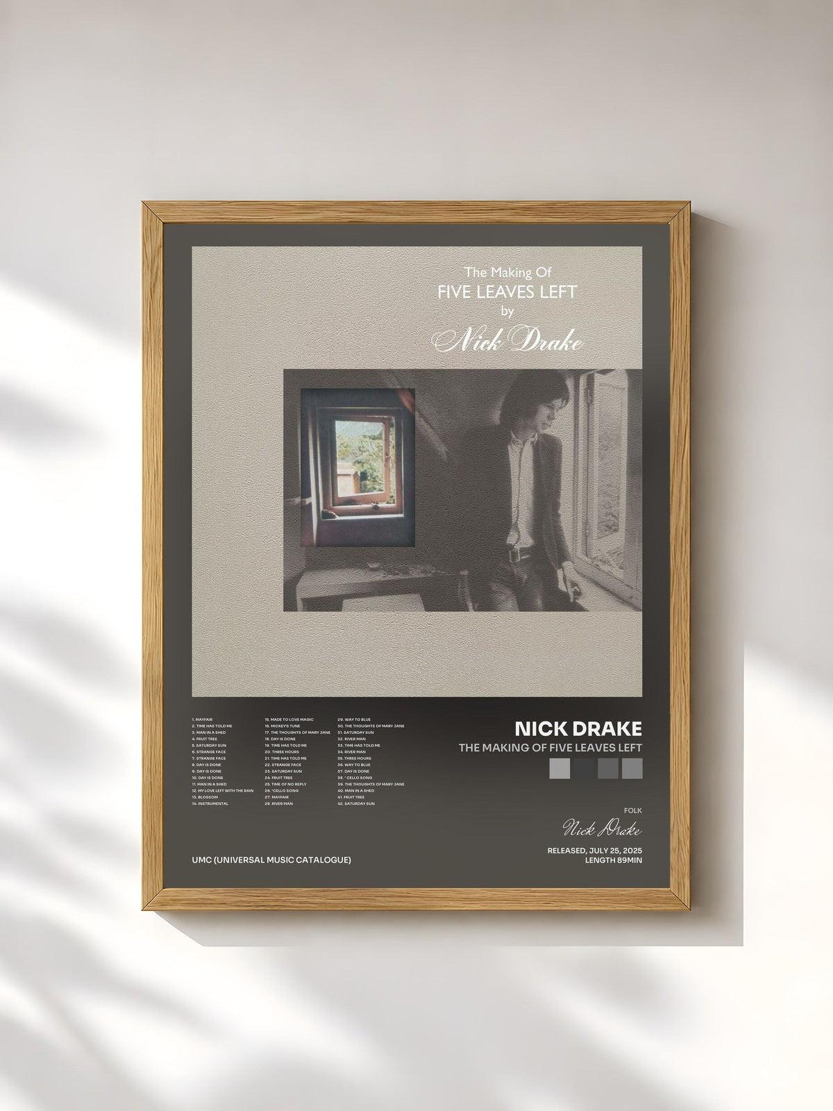 #bois Tableau de l'album The Making Of Five Leaves Left de Nick Drake, cadre en bois brut, imprimé et encadré en France