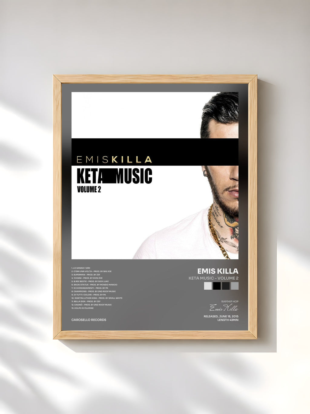 #bois Tableau de l'album Keta Music - Volume 2 de Emis Killa, cadre en bois brut, imprimé et encadré en France