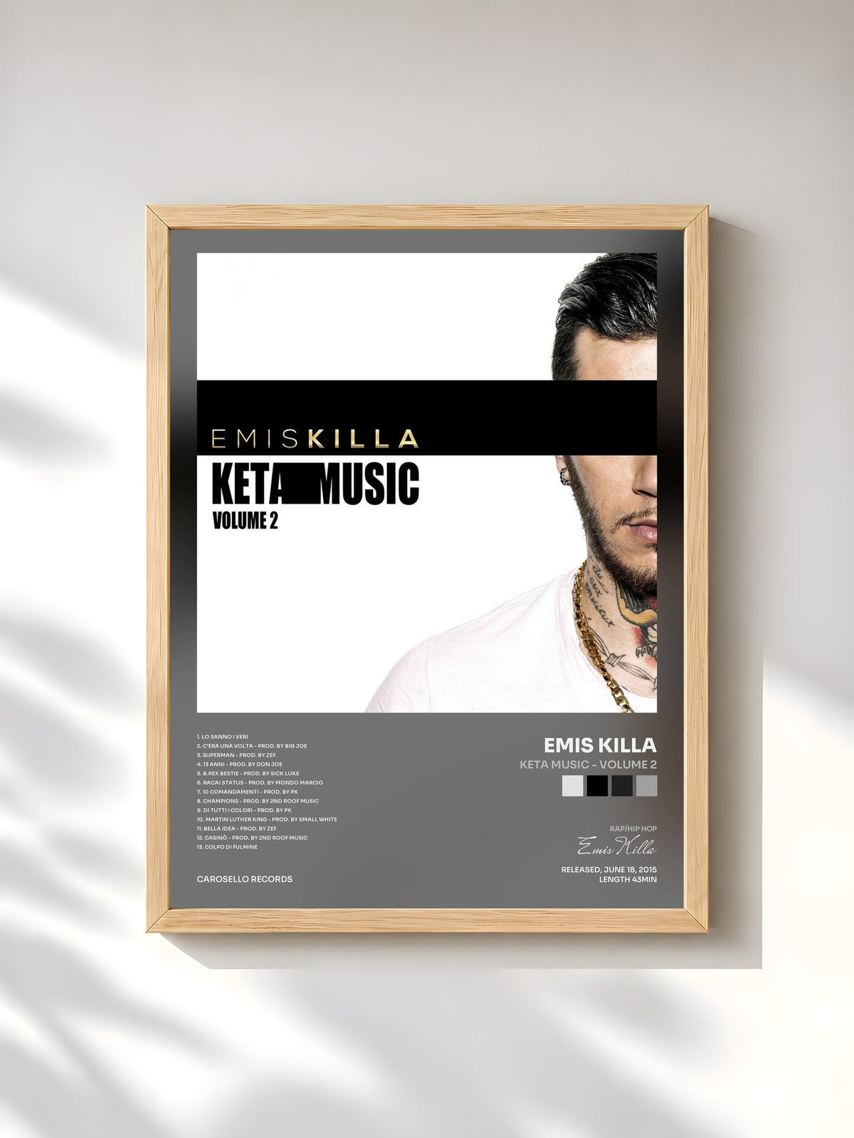 #bois Tableau de l'album Keta Music - Volume 2 de Emis Killa, cadre en bois brut, imprimé et encadré en France