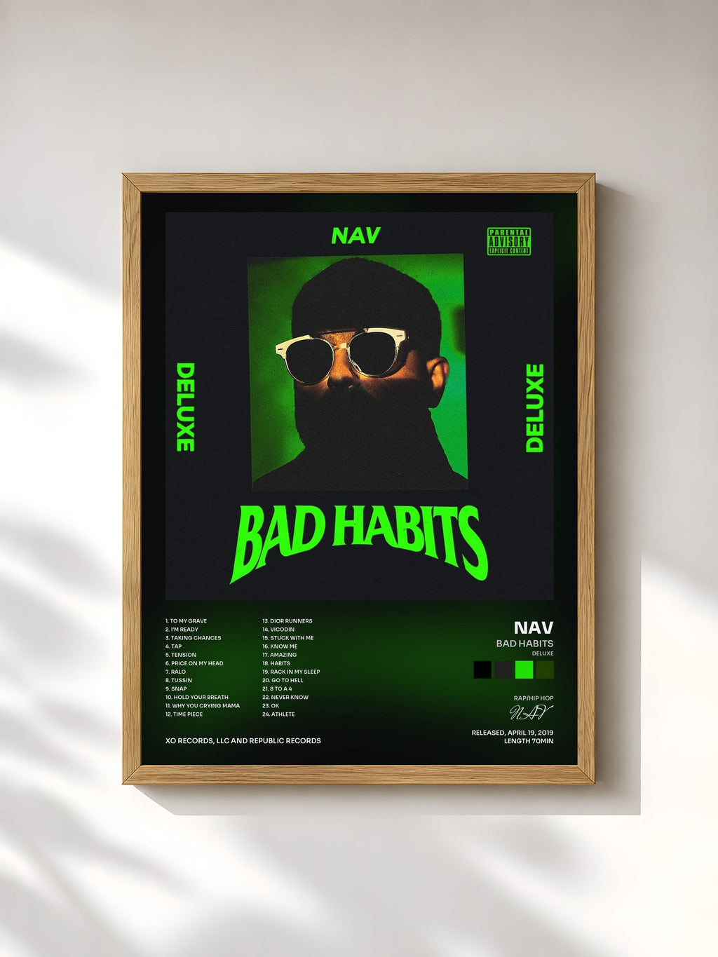 #bois Tableau de l'album Bad Habits (Deluxe) de NAV, cadre en bois brut, imprimé et encadré en France