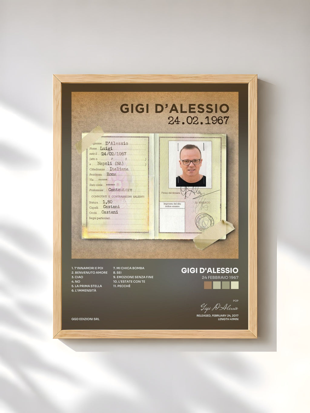 #bois Tableau de l'album 24 febbraio 1967 de Gigi D'Alessio, cadre en bois brut, imprimé et encadré en France
