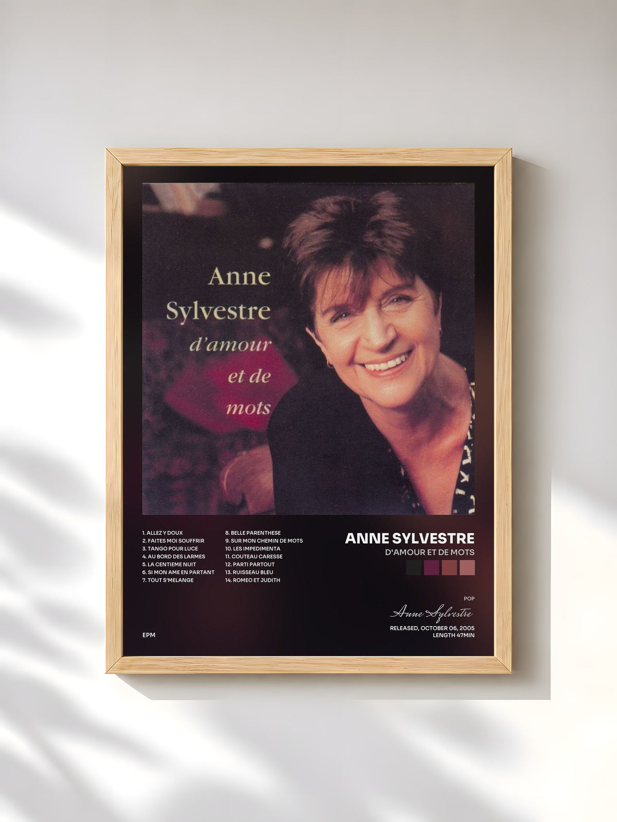 #bois Tableau de l'album D'amour et de mots de Anne Sylvestre, cadre en bois brut, imprimé et encadré en France