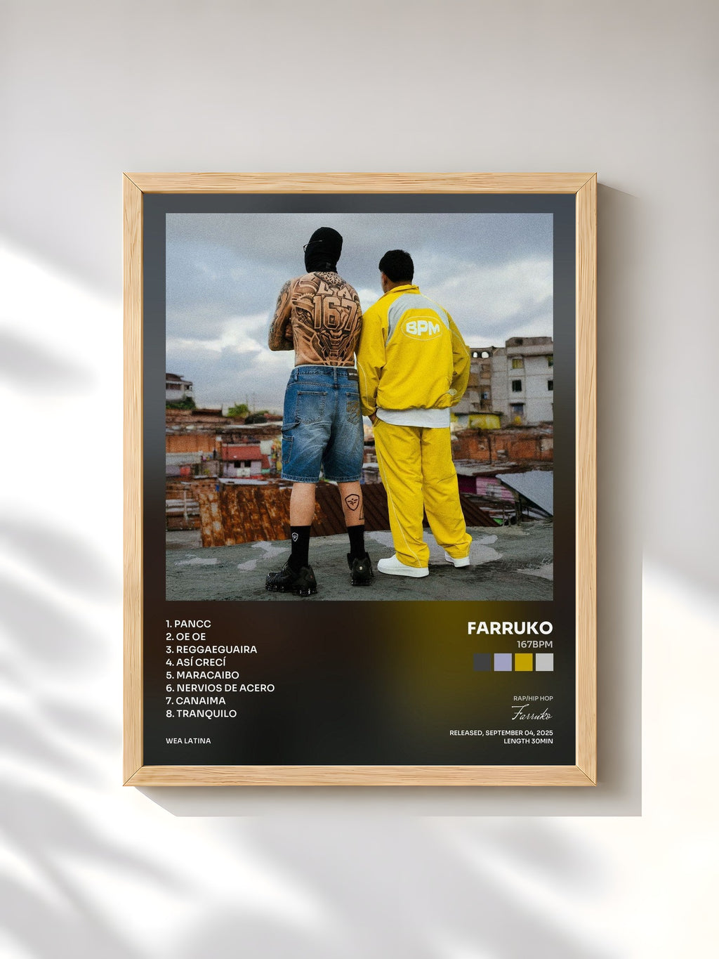 #bois Tableau de l'album 167BPM de Farruko, cadre en bois brut, imprimé et encadré en France