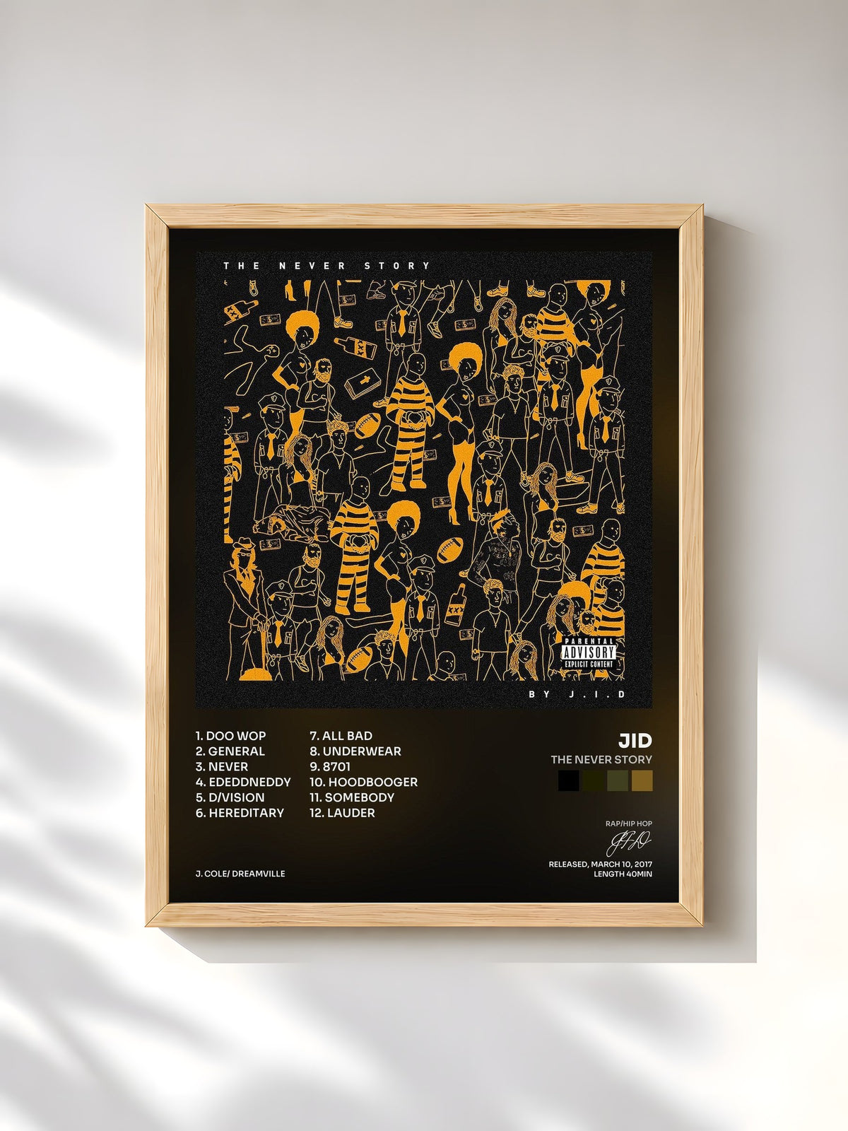 #bois Tableau de l'album The Never Story de JID, cadre en bois brut, imprimé et encadré en France