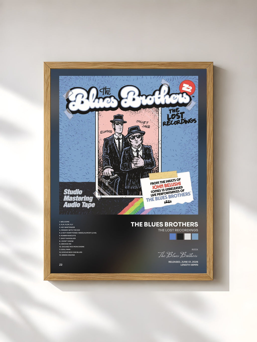 #bois Tableau de l'album The Lost Recordings de The Blues Brothers, cadre en bois brut, imprimé et encadré en France