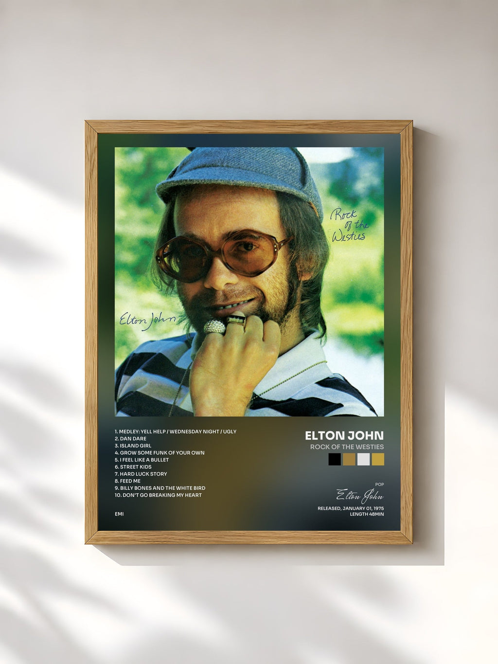 #bois Tableau de l'album Rock Of The Westies de Elton John, cadre en bois brut, imprimé et encadré en France