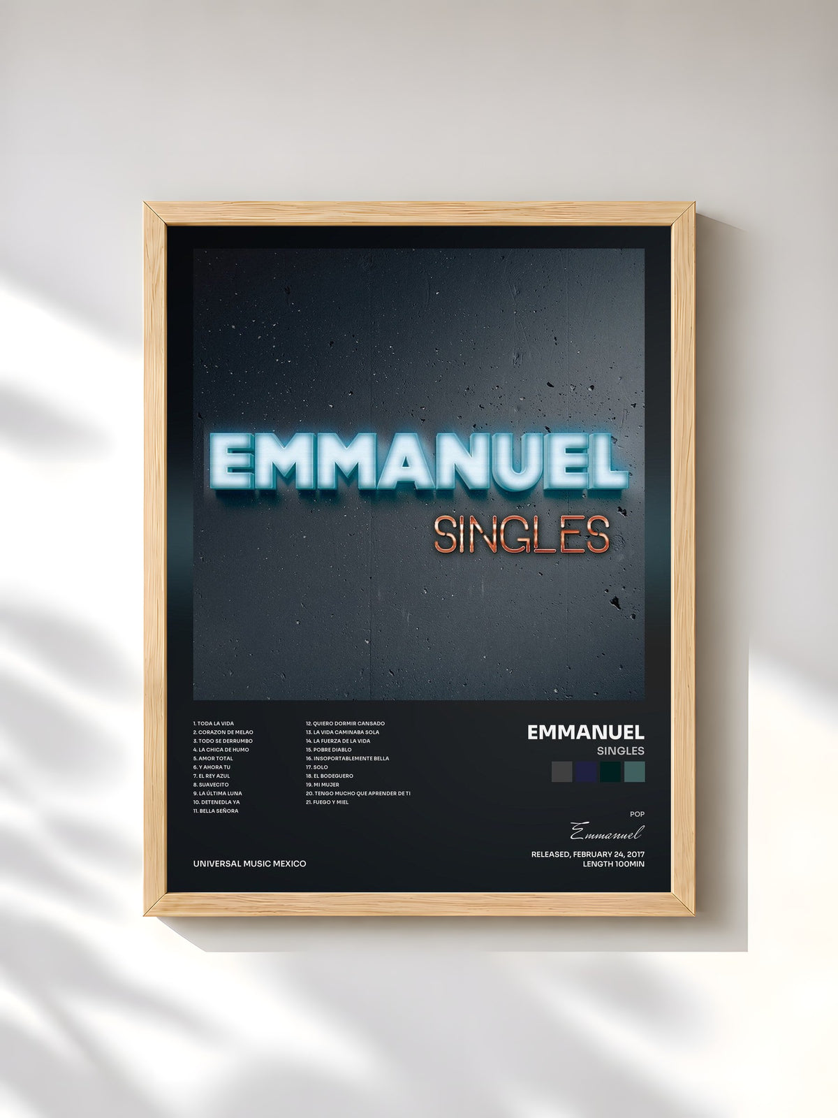 #bois Tableau de l'album Singles de Emmanuel, cadre en bois brut, imprimé et encadré en France