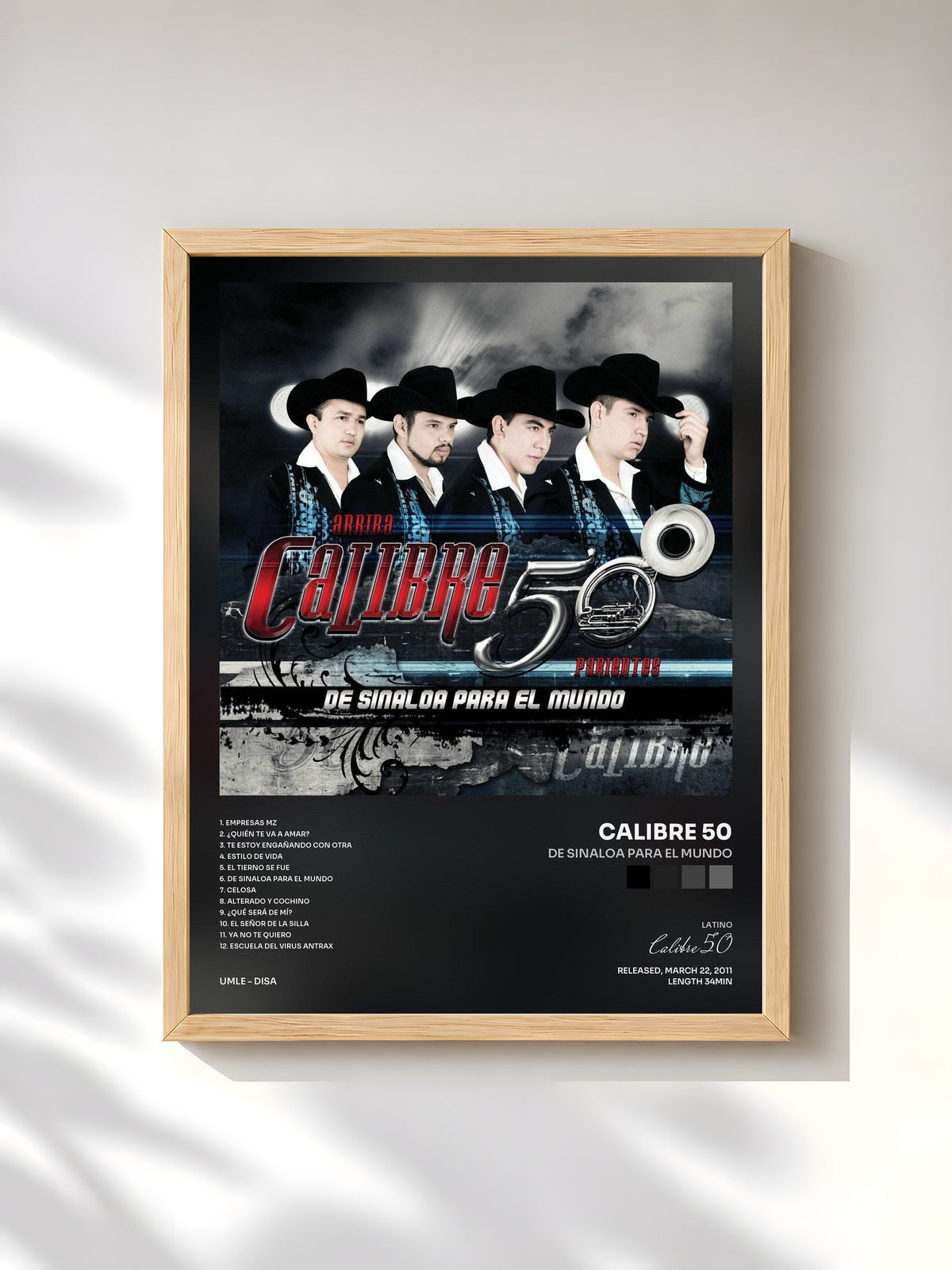 #bois Tableau de l'album De Sinaloa Para El Mundo de Calibre 50, cadre en bois brut, imprimé et encadré en France