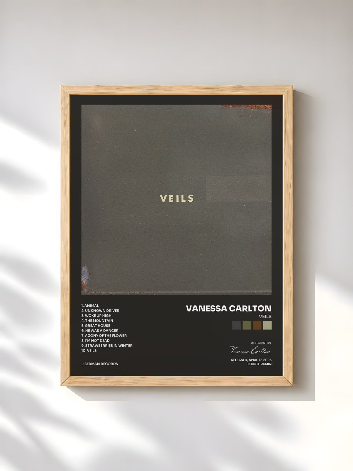 #bois Tableau de l'album Veils de Vanessa Carlton, cadre en bois brut, imprimé et encadré en France