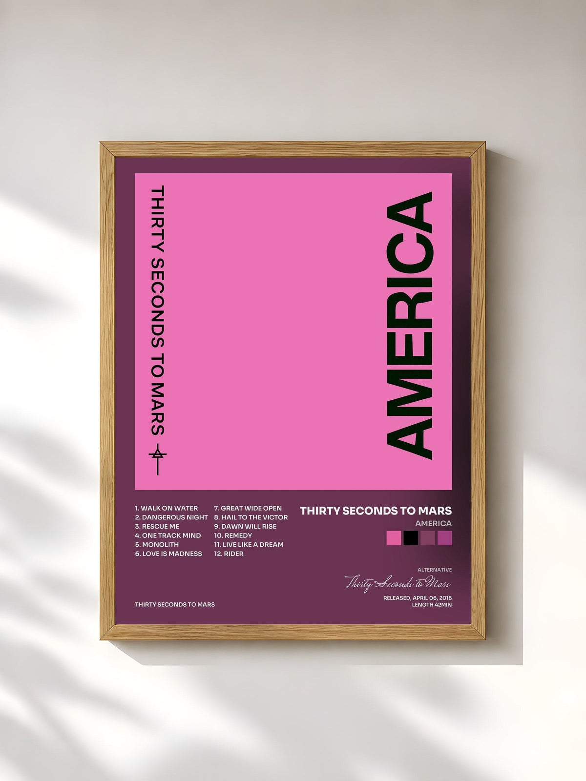 #bois Tableau de l'album America de Thirty Seconds to Mars, cadre en bois brut, imprimé et encadré en France