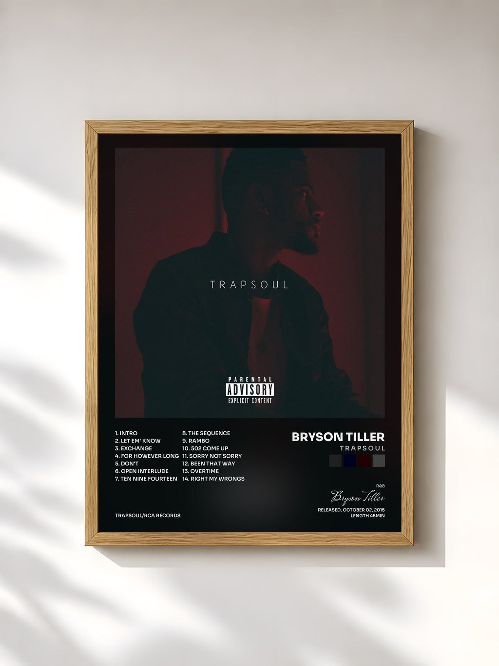 #bois Tableau de l'album T R A P S O U L de Bryson Tiller, cadre en bois brut, imprimé et encadré en France