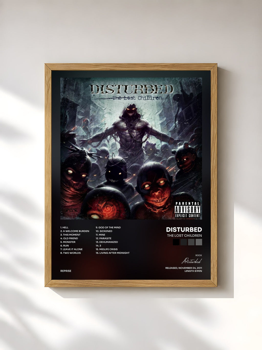 #bois Tableau de l'album The Lost Children de Disturbed, cadre en bois brut, imprimé et encadré en France