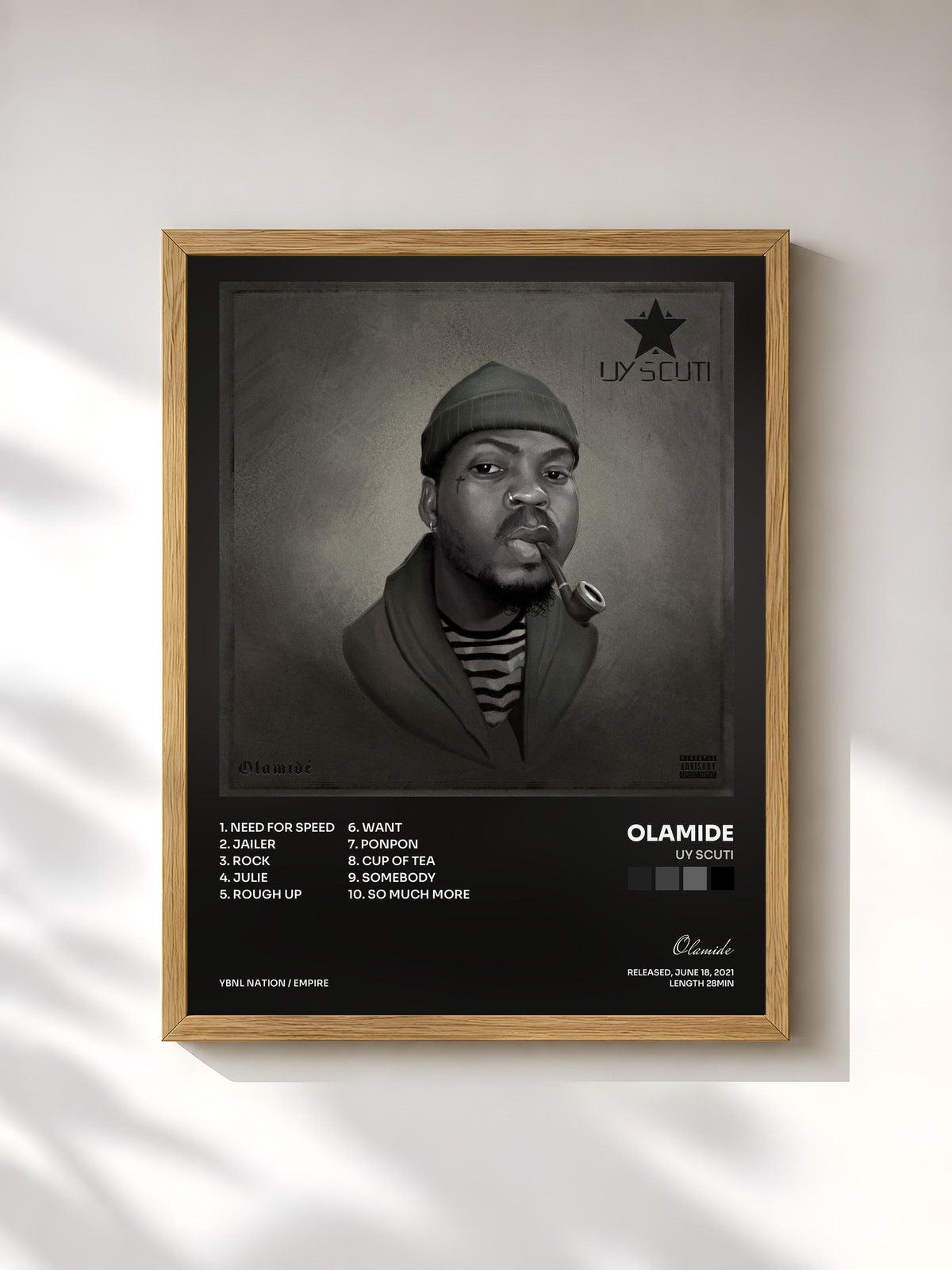 #bois Tableau de l'album UY Scuti de Olamide, cadre en bois brut, imprimé et encadré en France
