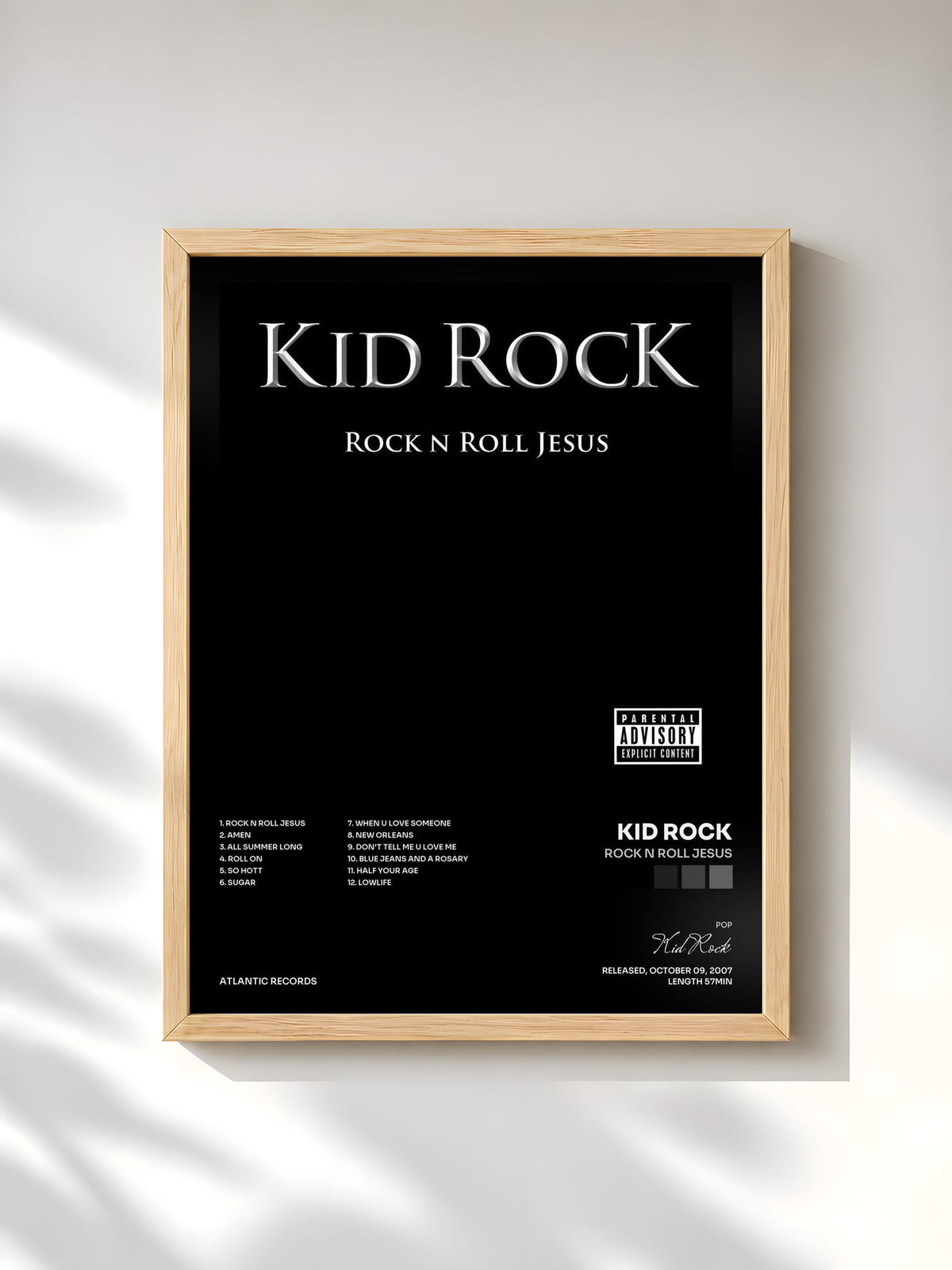 #bois Tableau de l'album Rock n Roll Jesus de Kid Rock, cadre en bois brut, imprimé et encadré en France