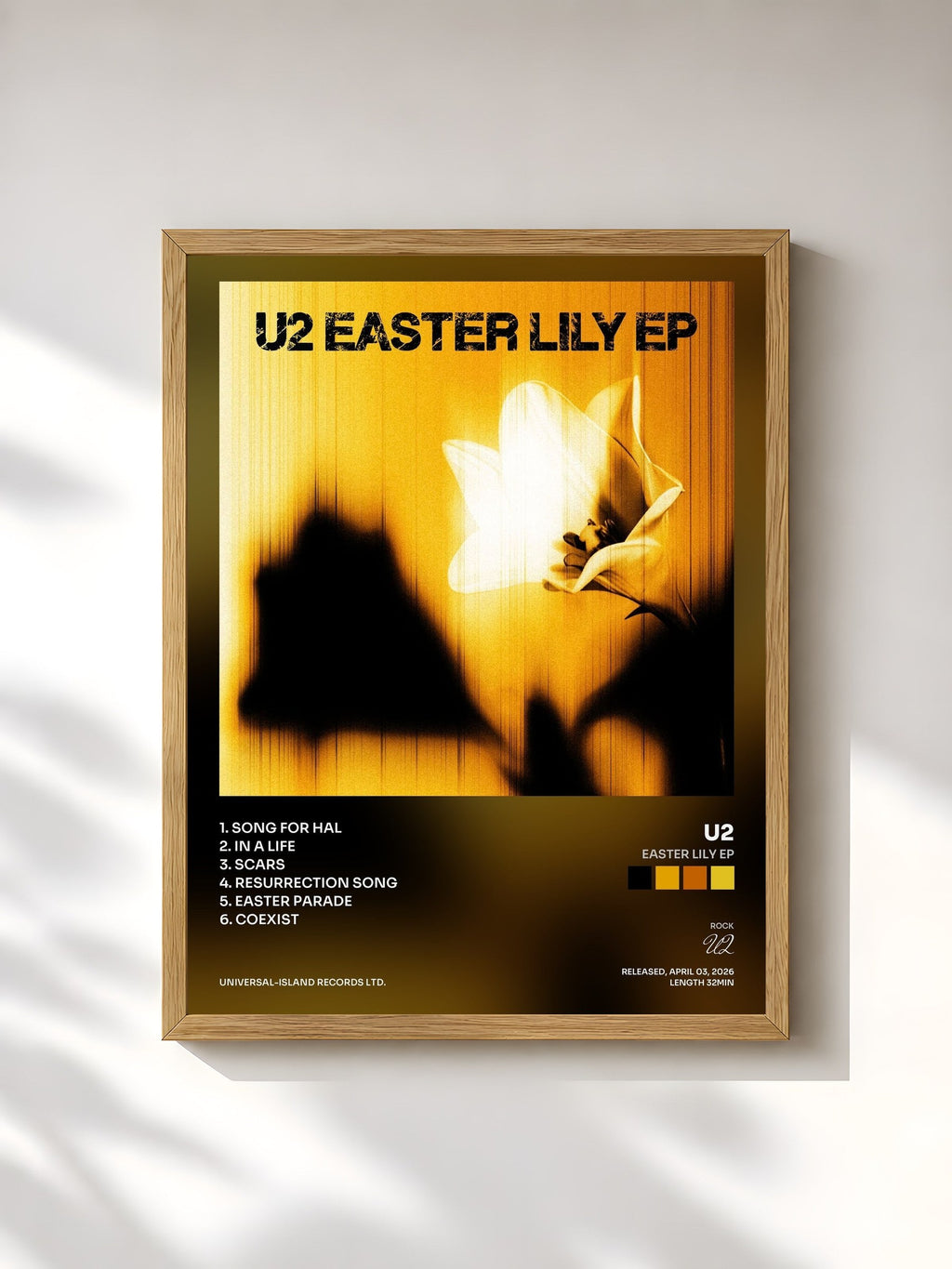 #bois Tableau de l'album Easter Lily EP de U2, cadre en bois brut, imprimé et encadré en France
