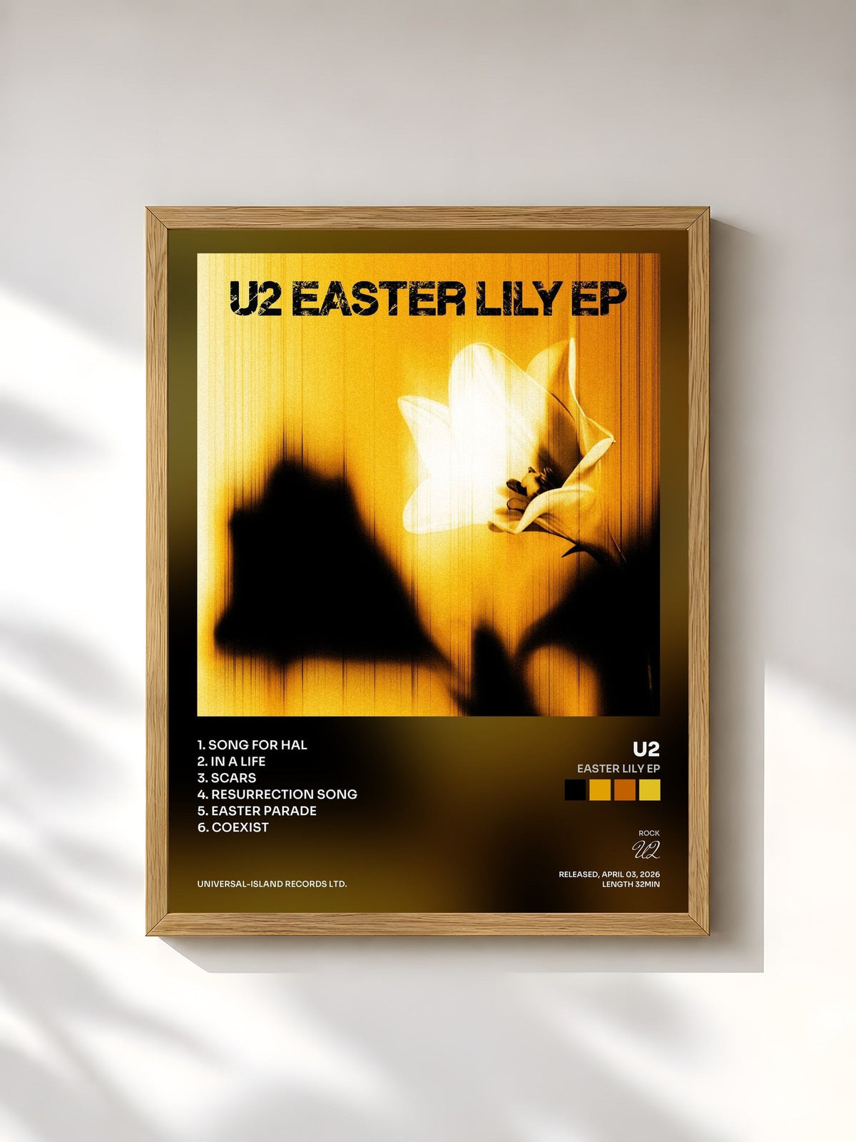 #bois Tableau de l'album Easter Lily EP de U2, cadre en bois brut, imprimé et encadré en France