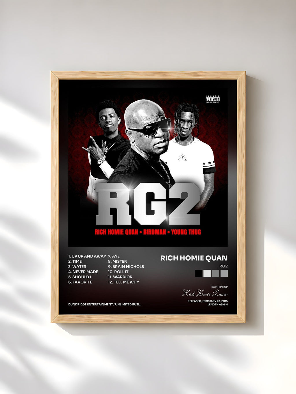 #bois Tableau de l'album RG2 de Rich Homie Quan, cadre en bois brut, imprimé et encadré en France