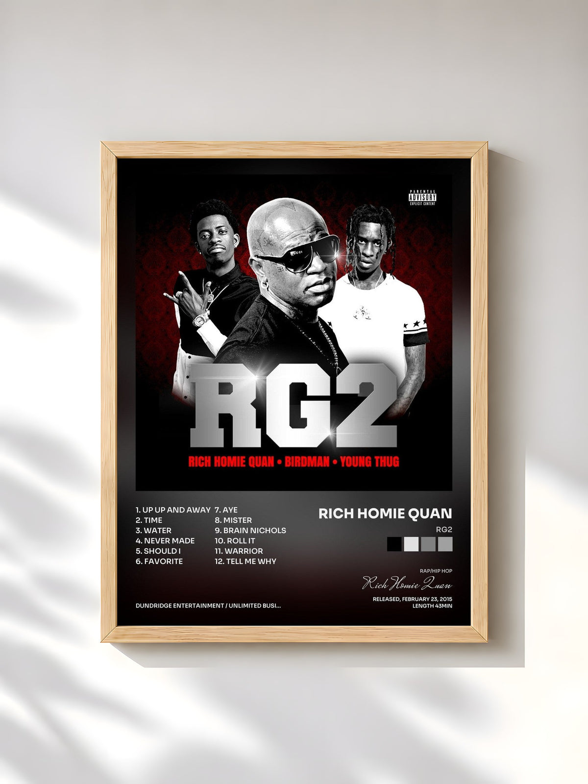#bois Tableau de l'album RG2 de Rich Homie Quan, cadre en bois brut, imprimé et encadré en France