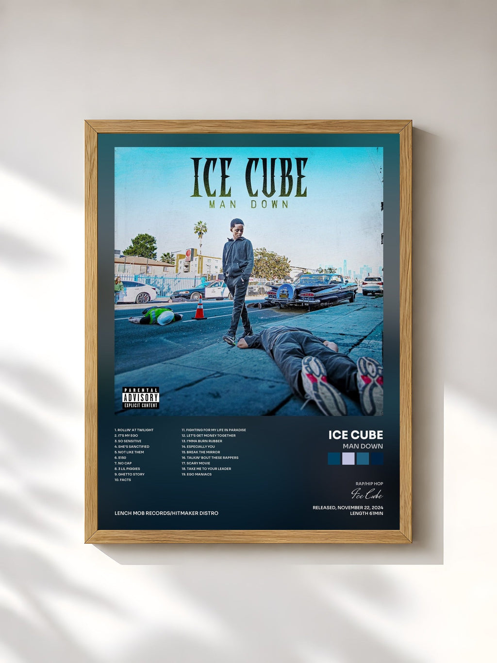 #bois Tableau de l'album Man Down de Ice Cube, cadre en bois brut, imprimé et encadré en France