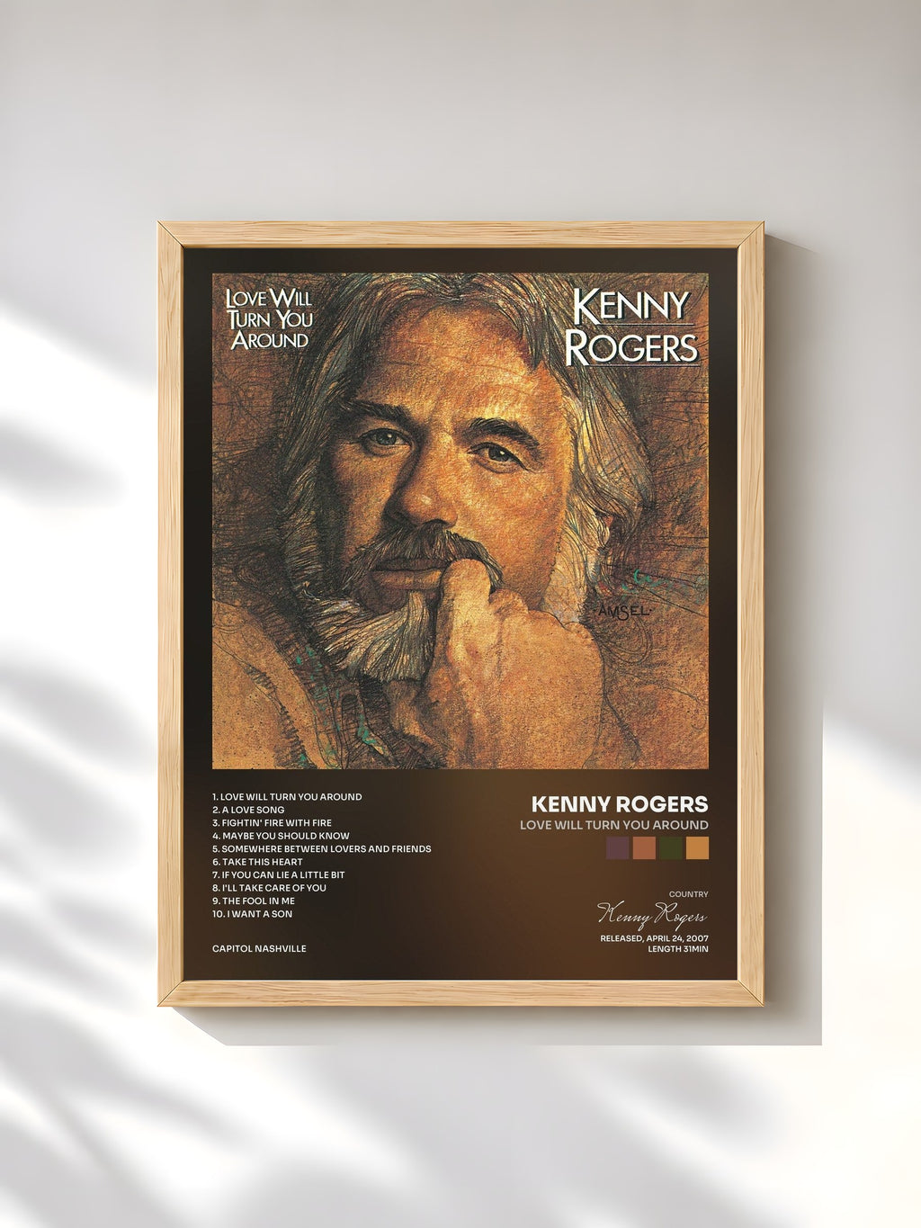 #bois Tableau de l'album Love Will Turn You Around de Kenny Rogers, cadre en bois brut, imprimé et encadré en France