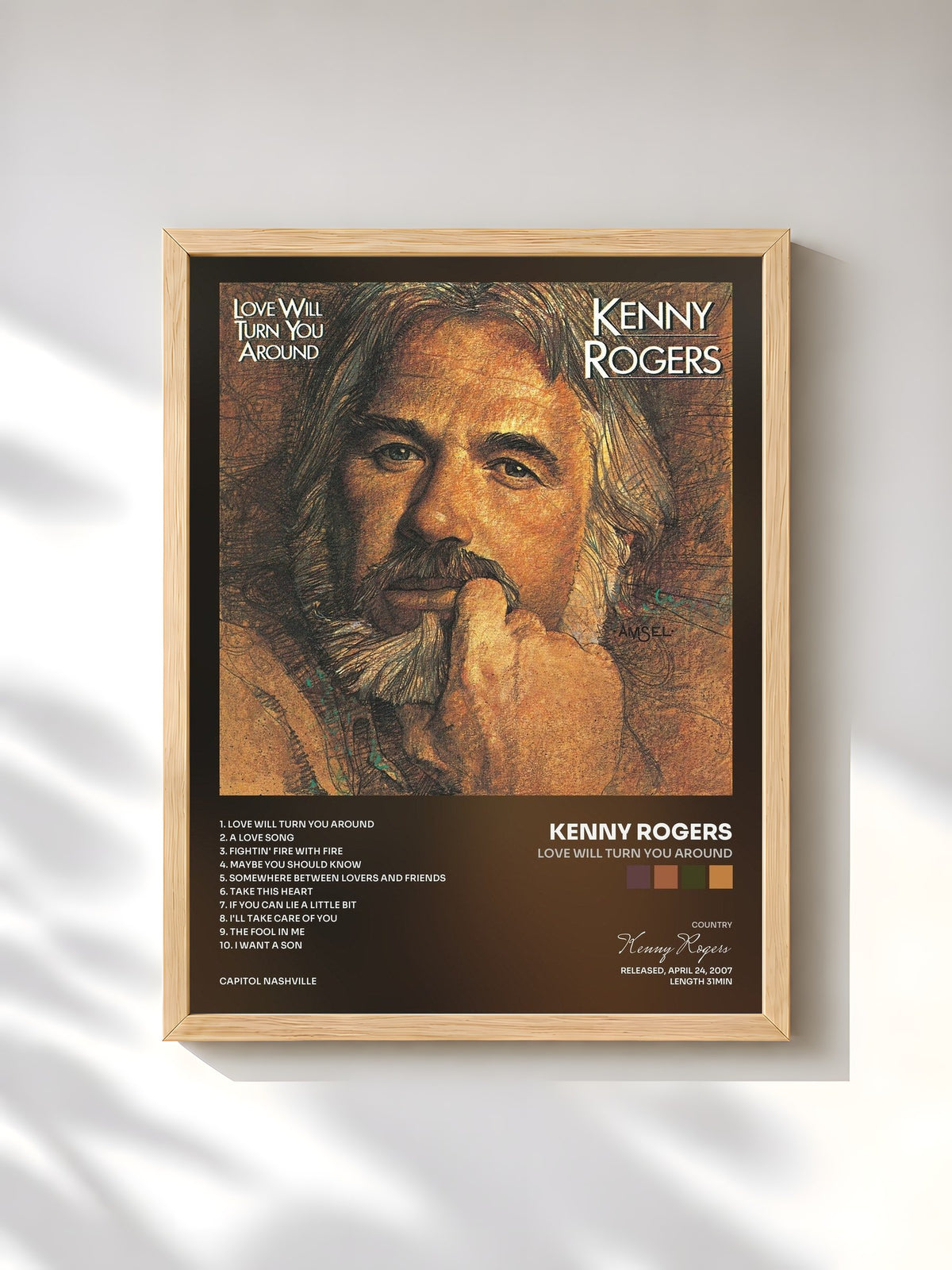 #bois Tableau de l'album Love Will Turn You Around de Kenny Rogers, cadre en bois brut, imprimé et encadré en France