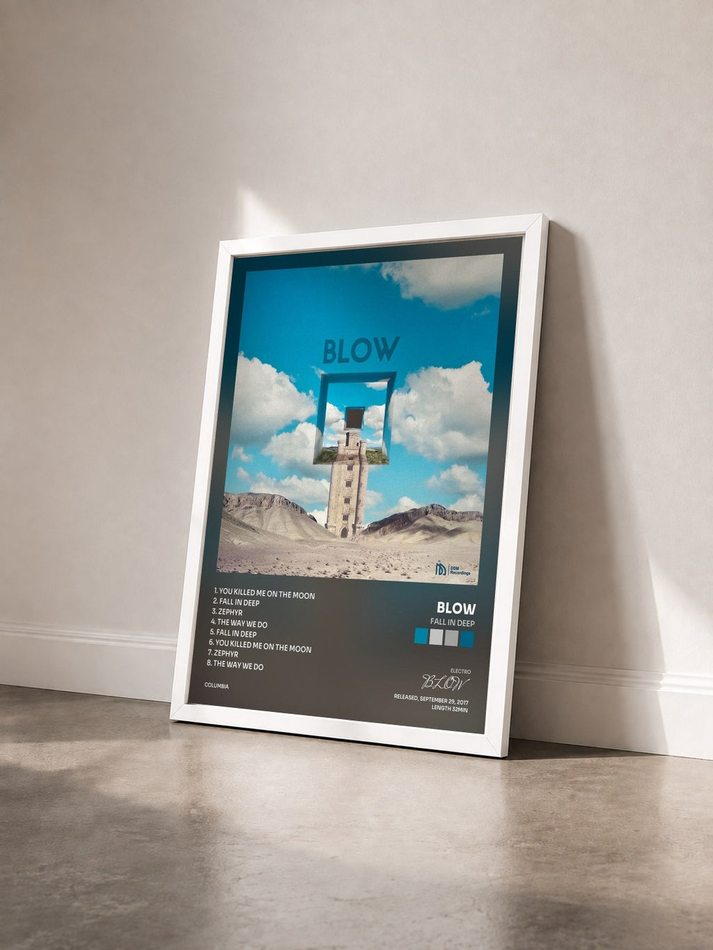 #blanc Tableau de l'album Fall in Deep de BLOW vu de trois quarts, cadre blanc