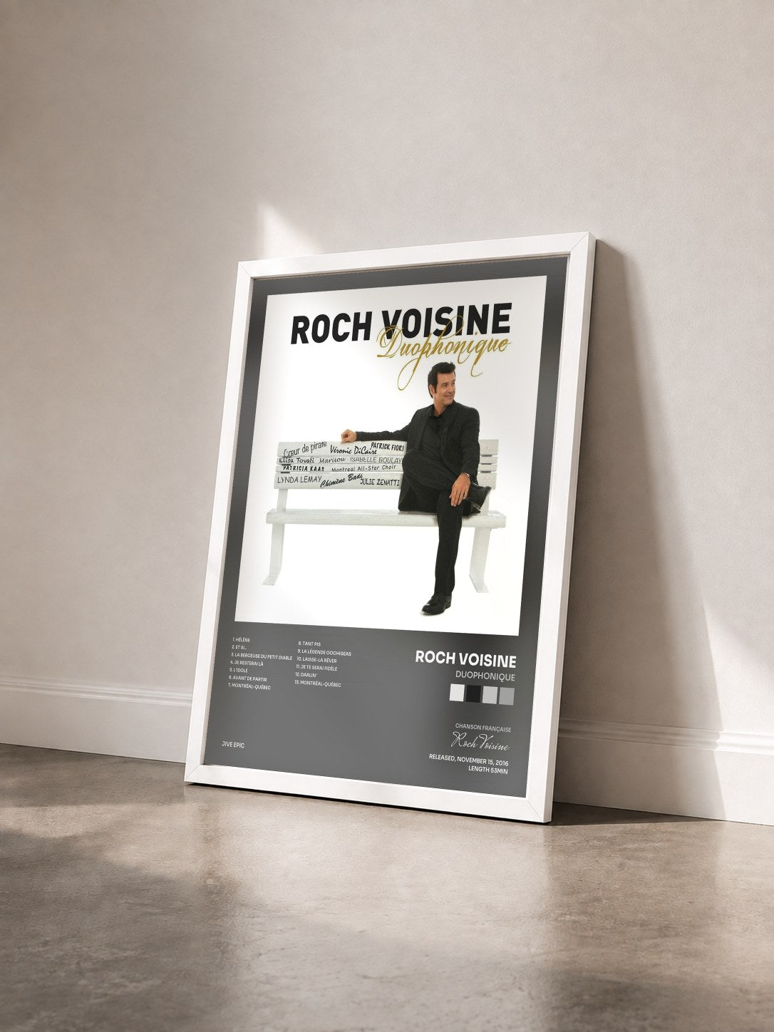 #blanc Tableau de l'album Duophonique de Roch Voisine vu de trois quarts, cadre blanc