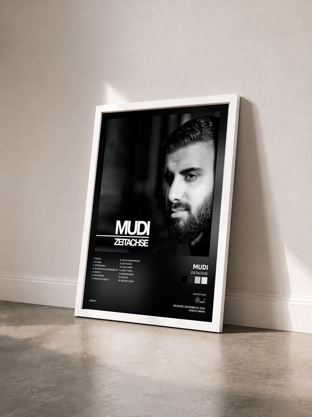 #blanc Tableau de l'album Zeitachse de Mudi vu de trois quarts, cadre blanc