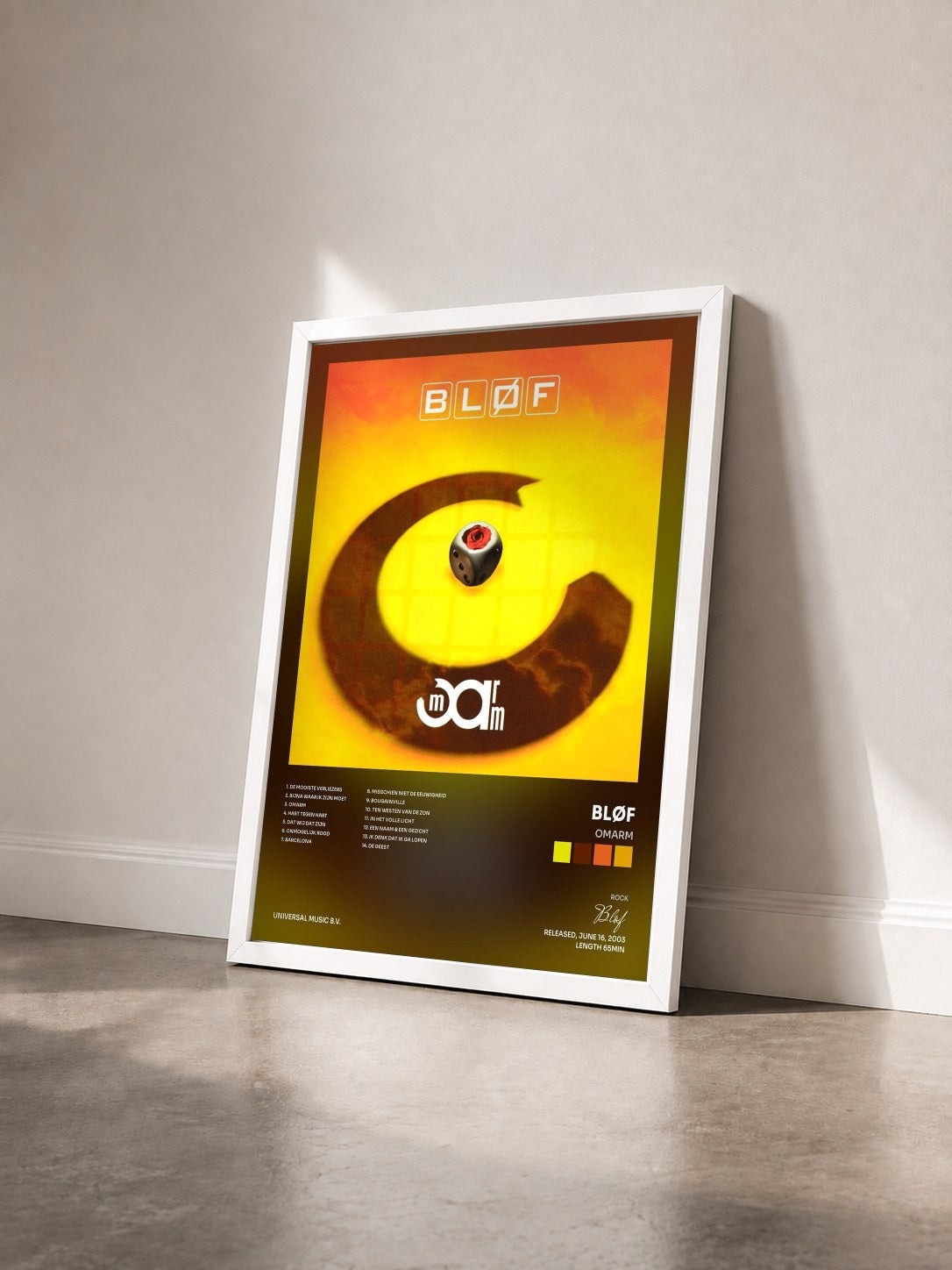 #blanc Tableau de l'album Omarm de Bløf vu de trois quarts, cadre blanc