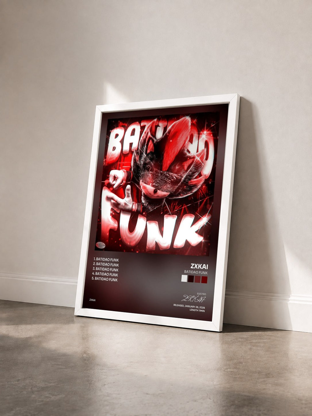 #blanc Tableau de l'album BATIDAO FUNK de ZXKAI vu de trois quarts, cadre blanc